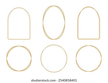 Conjunto de quadros de ouro contorno em fundo branco. Arco, redondo, elipse elementos decorativos para convite de casamento, grande abertura, cartão de saudação, certificado. Ilustração vetorial