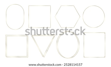 Set of outline gold frames on white background. Decorative elements for wedding invitation, grand opening, greeting card, certificate. Vector illustration