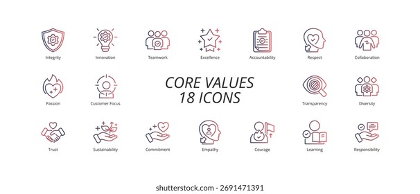 Set of outline gradient style core values icon. Vector ilustration icons. Core values icon set including: integrity, innovation, teamwork, excellence icon
