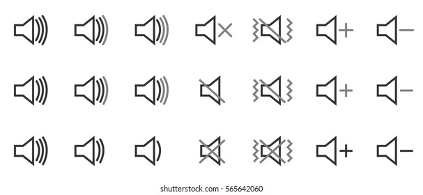 Set of outline grey gray sound indicator icons, volume up and down, mute, vibrate mode flat design vector illustration on white background