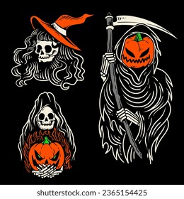 conjunto de ilustración de diseño de halloween de rasgo sombrío