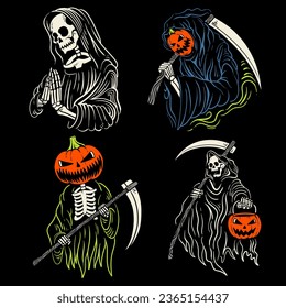 set of outline grim reaper halloween design illustration