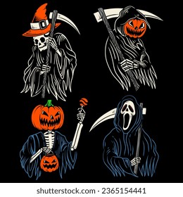 set of outline grim reaper halloween design illustration