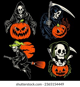 set of outline grim reaper halloween design illustration