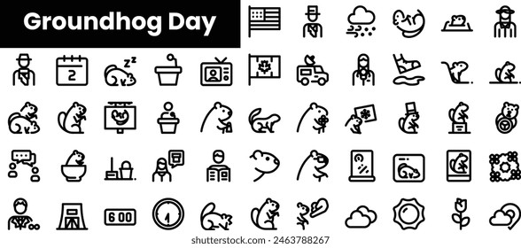 Gruppe von Umriss-Groundhog-Day-Symbolen. Minimalistisches dünnes lineares Web-Icon-Set. Vektorillustration.