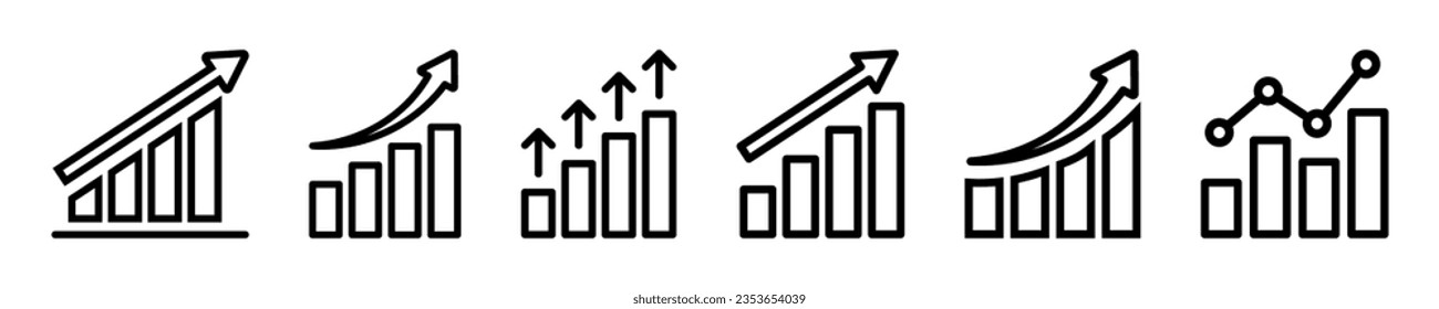 Set of outline growth graph vector icons. Line business charts. Black financial rise up. Increase profit.
