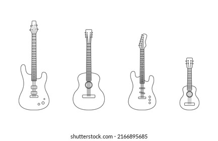 Set of outline guitars. Acoustic, electric, bass guitar and ukulele isolated on white background. Vector illustration