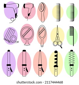 Set of outline hair salon tools. Hair Care and Styling Products. Line icons in colored circles. Good for design elements of advertising, promo and banners, social media. Vector illustration