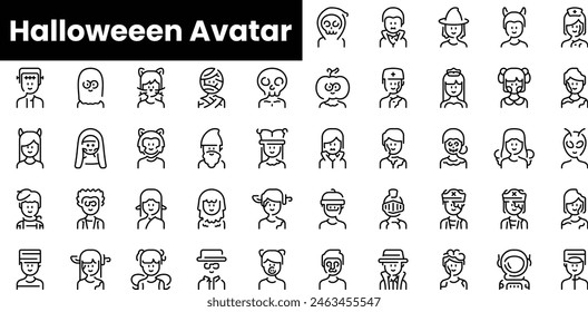 Set of outline halloweeen avatar icons. Minimalist thin linear web icon set. vector illustration.