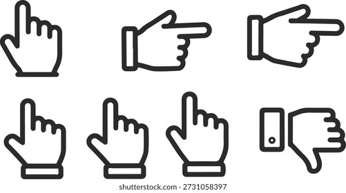 Set of outline hand cursor icons displaying various gestures like pointing and dislike for user interfaces