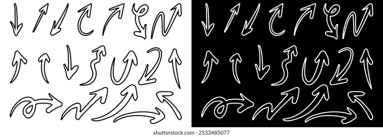 Set of outline Hand drawn arrows. Sketch arrow design for business plan and education. Vector illustration isolated on black and white background.