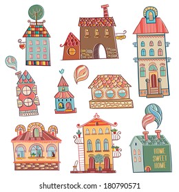 set of outline hand drawn buildings in vintage style. Vector illustration.