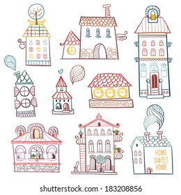 set of outline hand drawn buildings. Vector illustration.