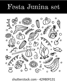 Set of the outline hand drawn elements for brazilian june festival. Vector illustration isolated on white.