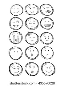 Set of outline hand drawn emoticons, emoji isolated on white background, vector illustration.