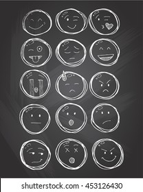 Set of outline hand drawn emoticons, emoji isolated on chalkboard background, vector illustration.