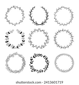 Set of outline hand drawn floral round frames or wreath. Vector doodle templates. Black sketchy elements with flowers and leaves for for wedding, anniversary card, invitation on white background