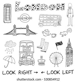 Set of outline hand drawn vector doodles of London, England. Great Britain themed vector collection. 