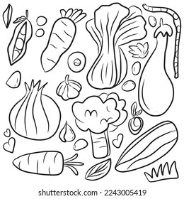 Set of outline hand drawn vegetables. onion, cucumber, tomato, carrot