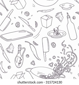 Set of outline hand drawn wok restaurant elements for your design. Doodle asian food. Vector illustration