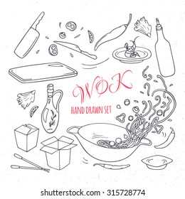 Set of outline hand drawn wok restaurant elements for your design. Doodle asian food. Vector illustration