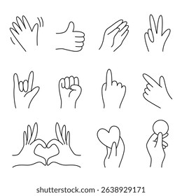 Set of outline hand gesture illustrations showcasing diverse expressions and signs. Includes heart gestures, pointing, waving, and more. Ideal for design elements and communication visuals.