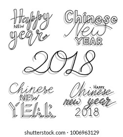  Set of outline hand lettering. Happy Chinese new year design set. Isolated on white background. Vector illustration EPS10