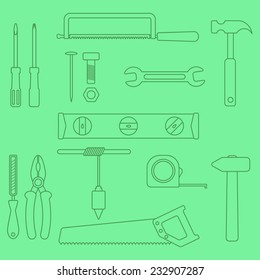 set of outline hand tools on green background. vector illustration