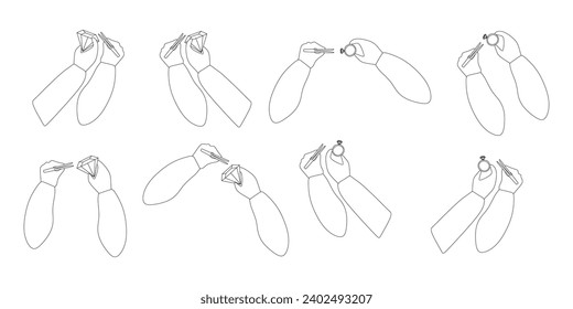 Set of Outline hands with Brilliant ring, Gemstone and Tweezers. Collection of Jeweler Arms Silhouette, Vector contour illustration. Jewelry making concept. Design object for Card, Poster, Banner.