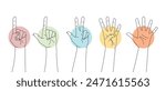 Set of outline hands counting numbers from one to five. Hand gestures. Vector illustration