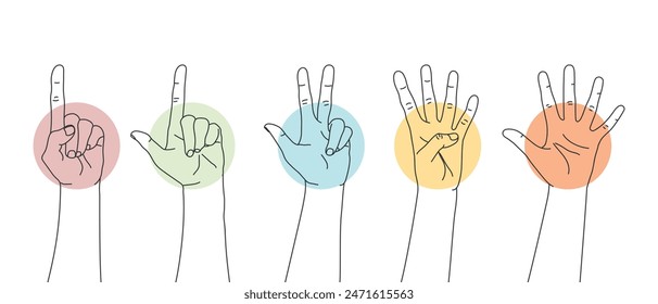 Set of outline hands counting numbers from one to five. Hand gestures. Vector illustration