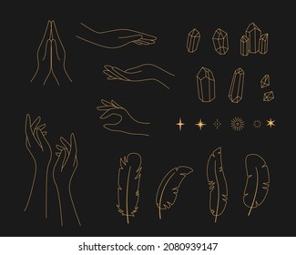 Ponga manos, cristales y plumas. Tarot y cosméticos signos de astrólogos femeninos
