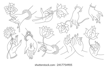 Set of outline hands and flowers. Buddha hands, gestures, religious buddhist symbols. Mudra, lotuses, meditation. Logo design.