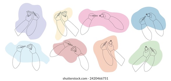 Set of Outline hands on Abstract color shapes with ring, Gemstone and Tweezers. Collection of Jeweler Arms Silhouette, Vector contour illustration. Jewelry making concept. Design art element.