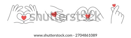 Set of outline hands showing heart shape, making love sign. Love, care and empathy concept. Isolated vector illustration