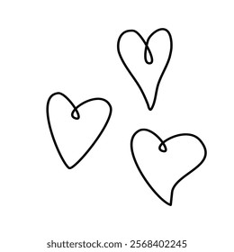 Set of outline hearts in doodles style on white background. Vector hand drawn clip art, decoration for Valentine's day, love romantic design