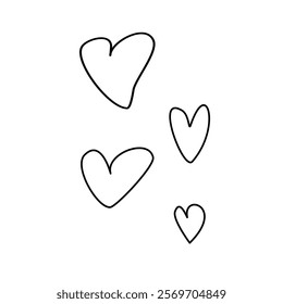 Set of outline hearts in doodles style on white background. Vector hand drawn clip art, decoration for Valentine's day, love romantic design