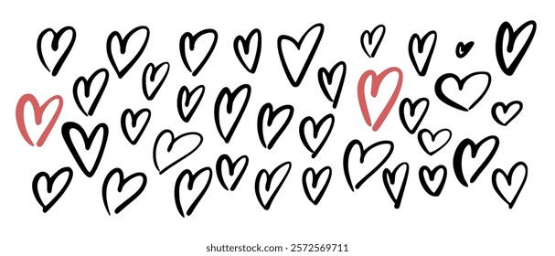 Set of outline hearts, hand drawn with black marker in sweeping, sloppy, dynamic style. Vector illustration of two red hearts in love against chaotic pattern of many black ones.