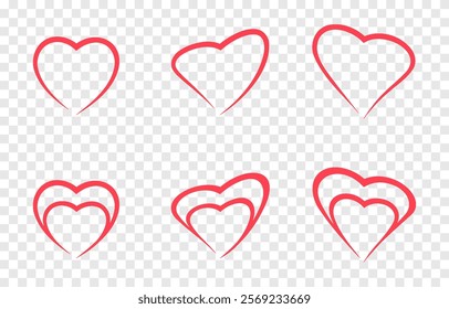 Set of outline hearts png. Hearts drawn with brush png. Design elements for Valentine's Day.