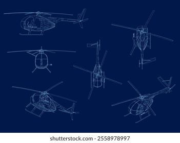 Set of outline helicopter vector illustrations isolated on blue background