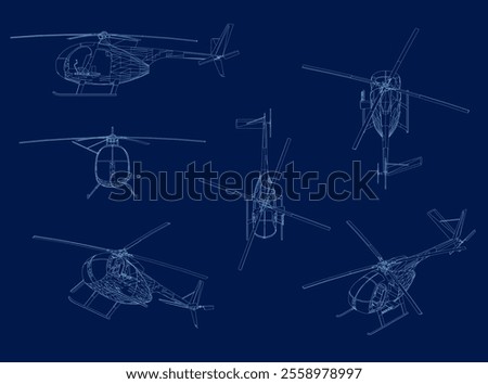 Set of outline helicopter vector illustrations isolated on blue background