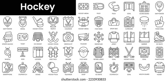 Set von Skizzen für Hockey. Minimalistischer Thin Linear Web Icon Set. Vektorgrafik.