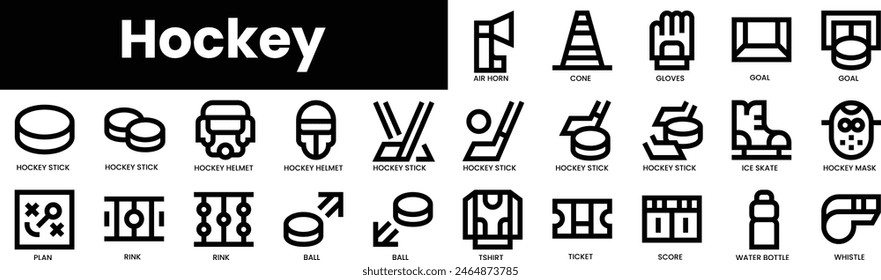 Conjunto de iconos de hockey de esquema. Conjunto de iconos de Web lineal fino minimalista. Ilustración vectorial.