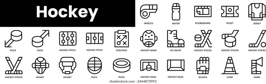 Conjunto de iconos de hockey de esquema. Conjunto de iconos de Web lineal fino minimalista. Ilustración vectorial.