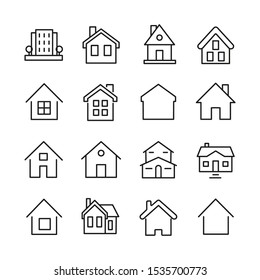 Set of outline home line icons isolated on a white background. House icons sign  svg