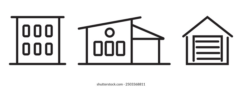 Set of outline home line icons isolated on a white background. House icons sign