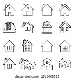 Set of outline home line icons isolated on a white background House icons sign
