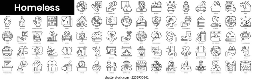 Set of outline homeless icons. Minimalist thin linear web icon set. vector illustration.