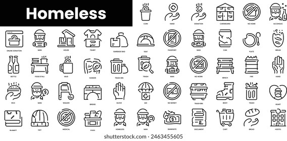 Set of outline homeless icons. Minimalist thin linear web icon set. vector illustration.