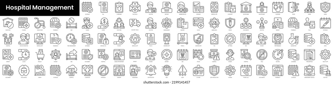 Conjunto de iconos de administración hospitalaria de esquema. Conjunto de iconos web lineales delgados y minimalistas. ilustración vectorial.